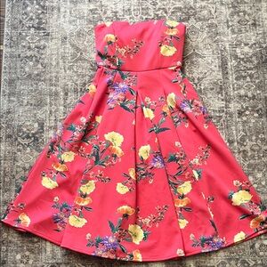 New York & Company Strapless Dress with Red and Yellow Floral Pattern